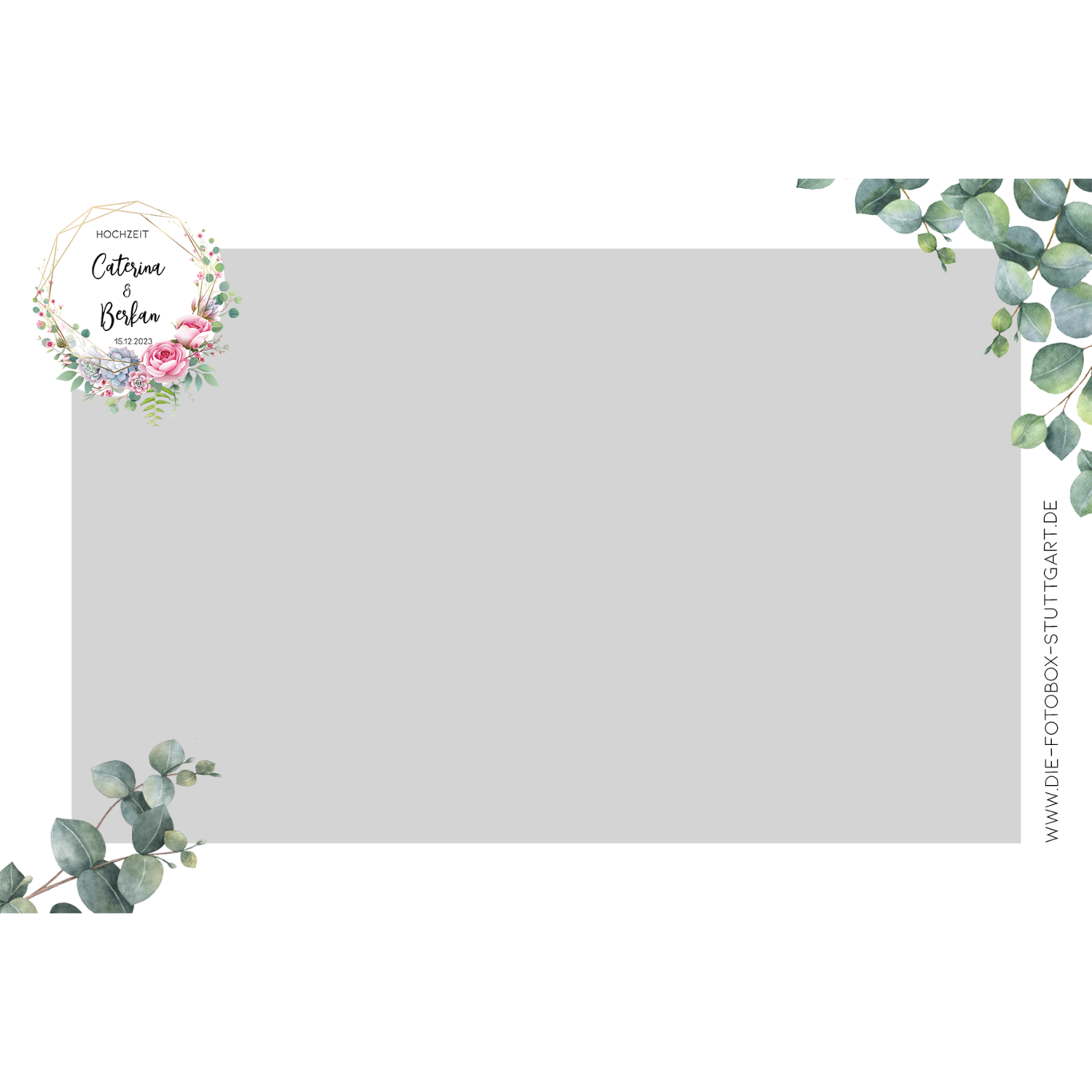 Overlayvorlage Graue Vorlage mit floralen Akzenten in der oberen linken Ecke und Eukalyptusmotiven.