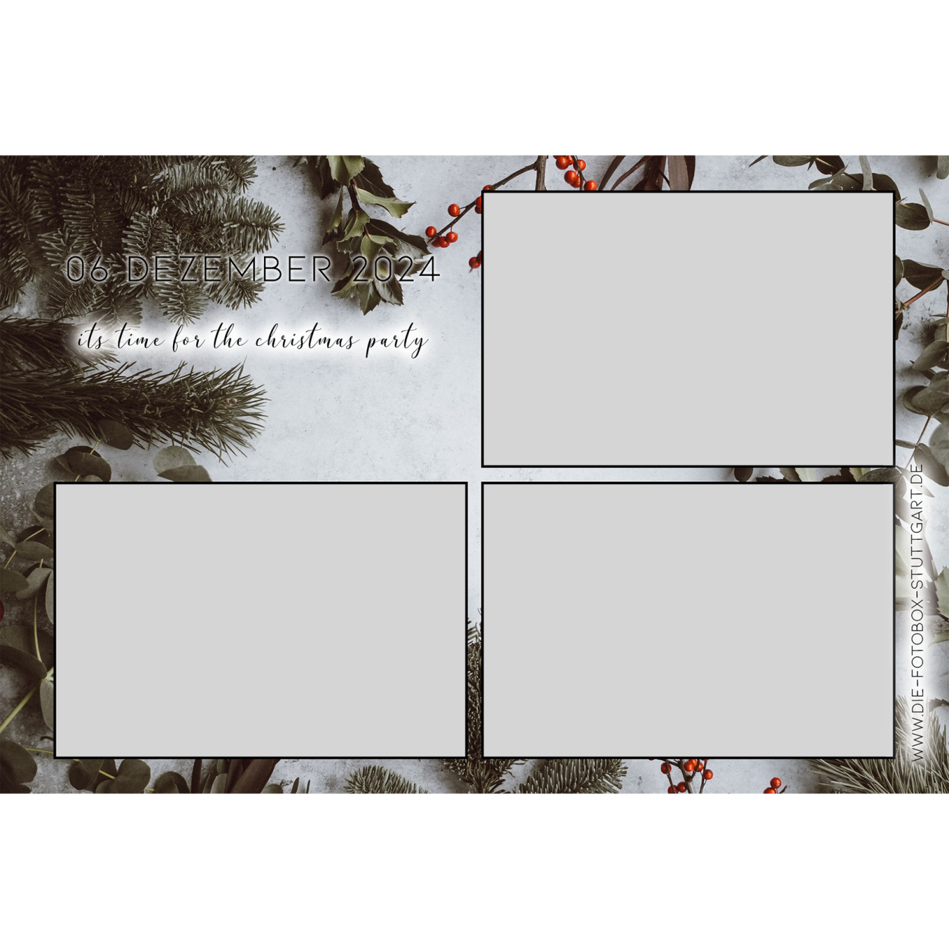 Weihnachtliches Layout mit Platz für drei Bilder, umgeben von Tannenzweigen und roten Beeren.