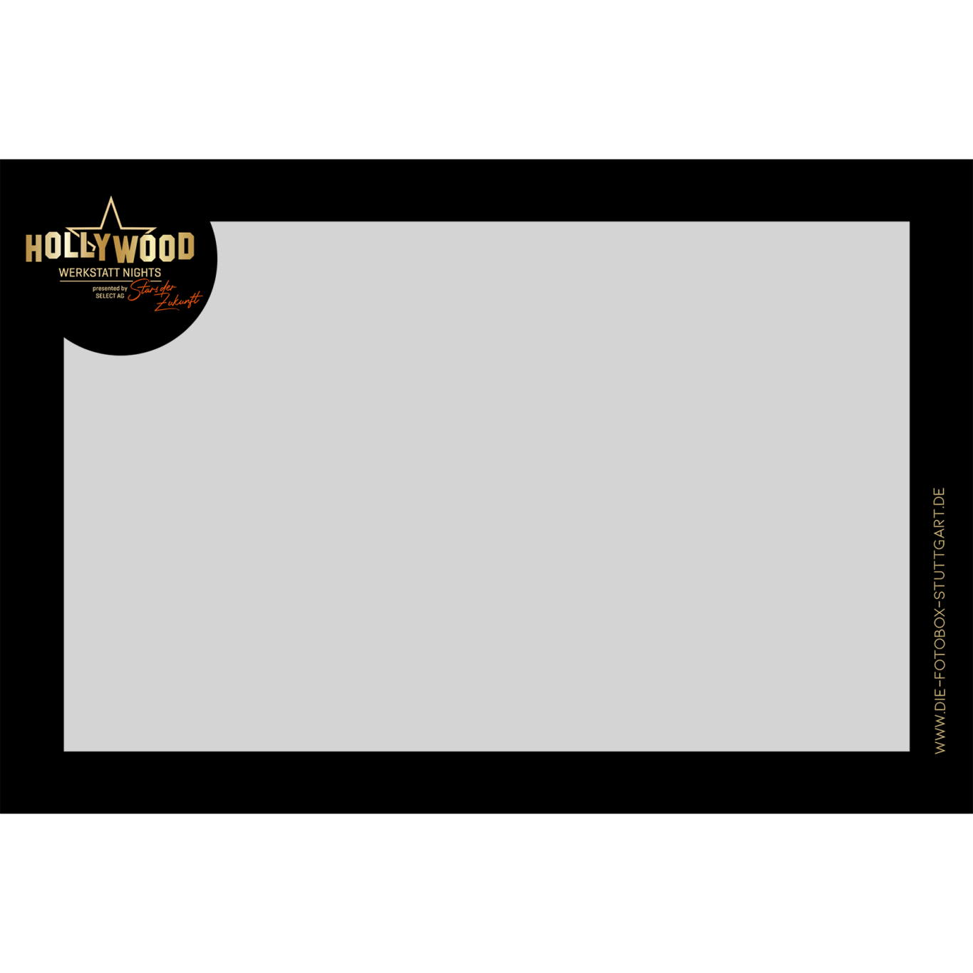 Overlayvorlage Schwarze Grafik mit dem Schriftzug "Hollywood" in gold auf der oberen linken Ecke.